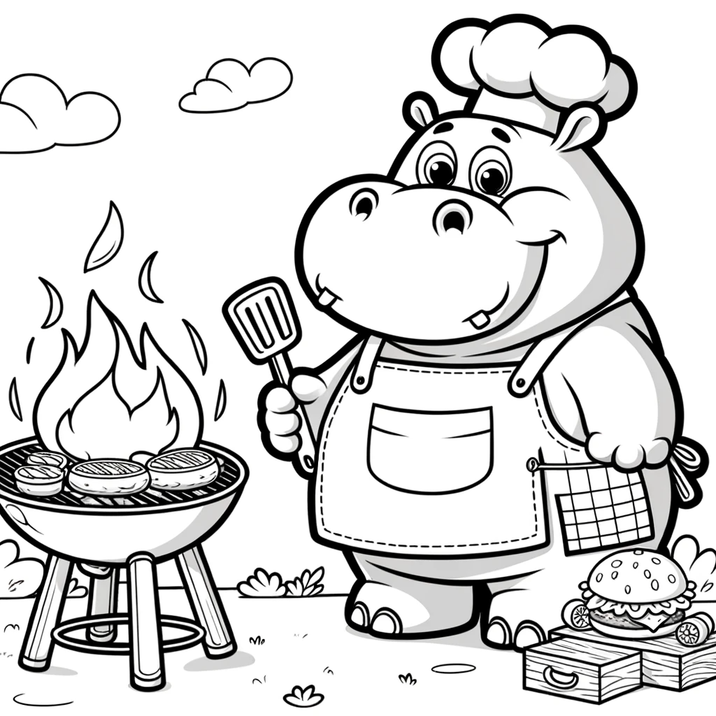 Cute hippo chef grilling burgers on a color sheet for kids