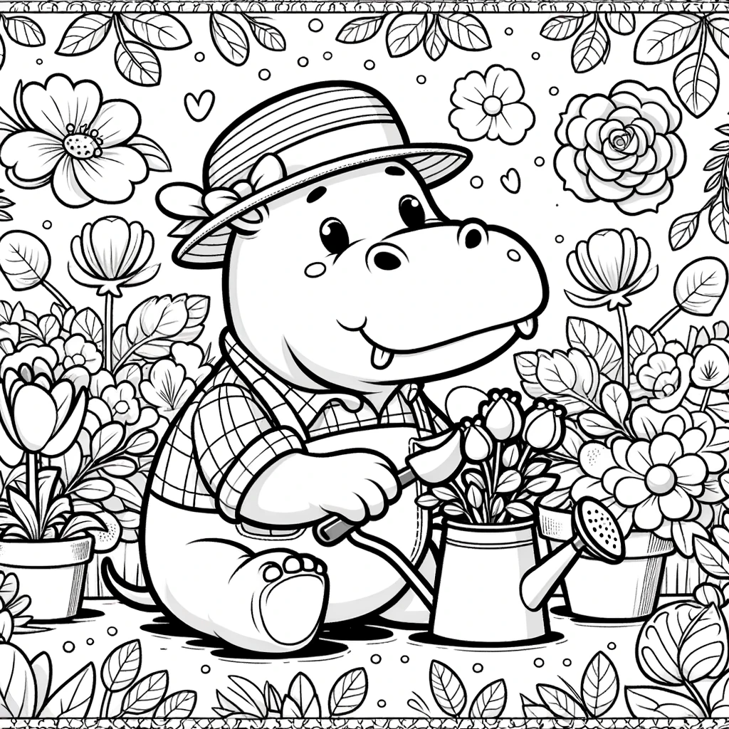 Cute hippo watering flowers color sheet for kids