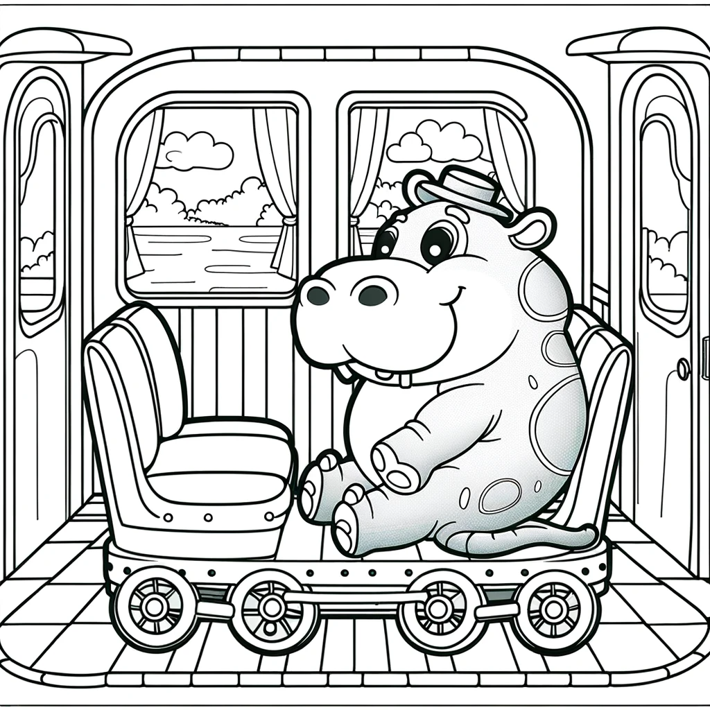 Kid-friendly color sheet of a hippo riding a train