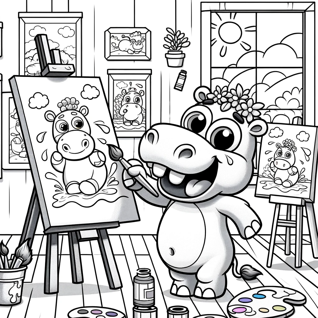 Cute hippo painting on canvas color sheet, perfect color page activity for children