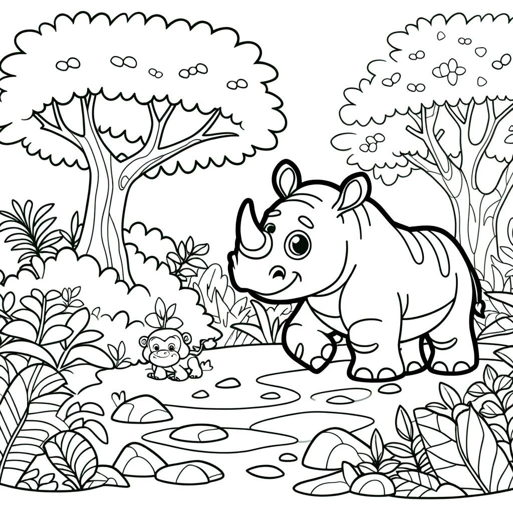 Rhino and monkey color sheet for kids, engaging color page