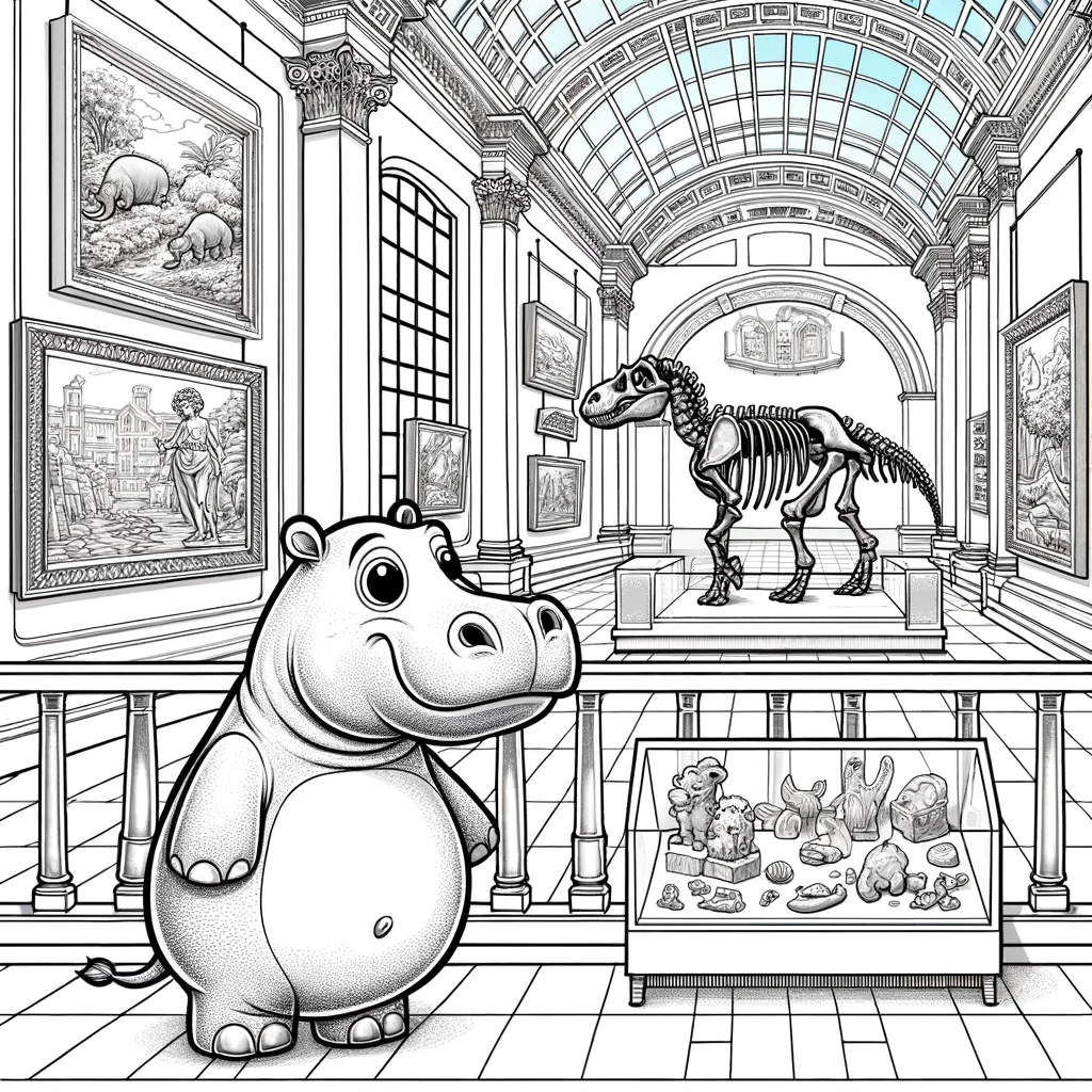 Museum adventure color sheet - Hippo observing exhibit color page