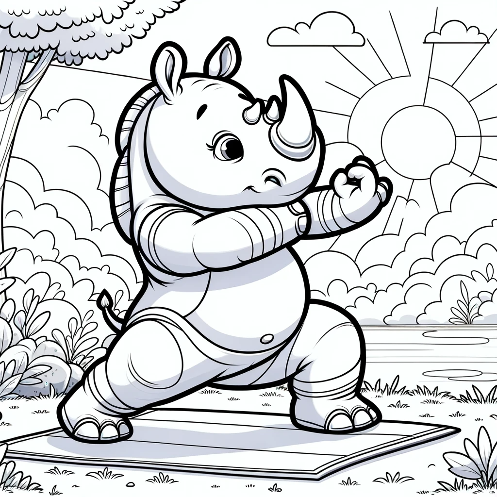 Child-friendly rhino dancing color sheet, perfect color page for creative fun