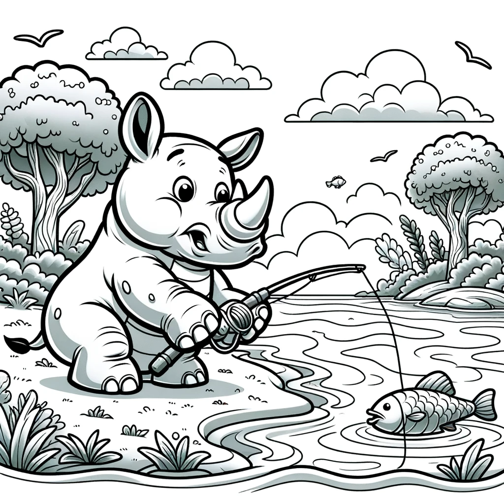 Printable rhino fishing color sheet for children's coloring activity