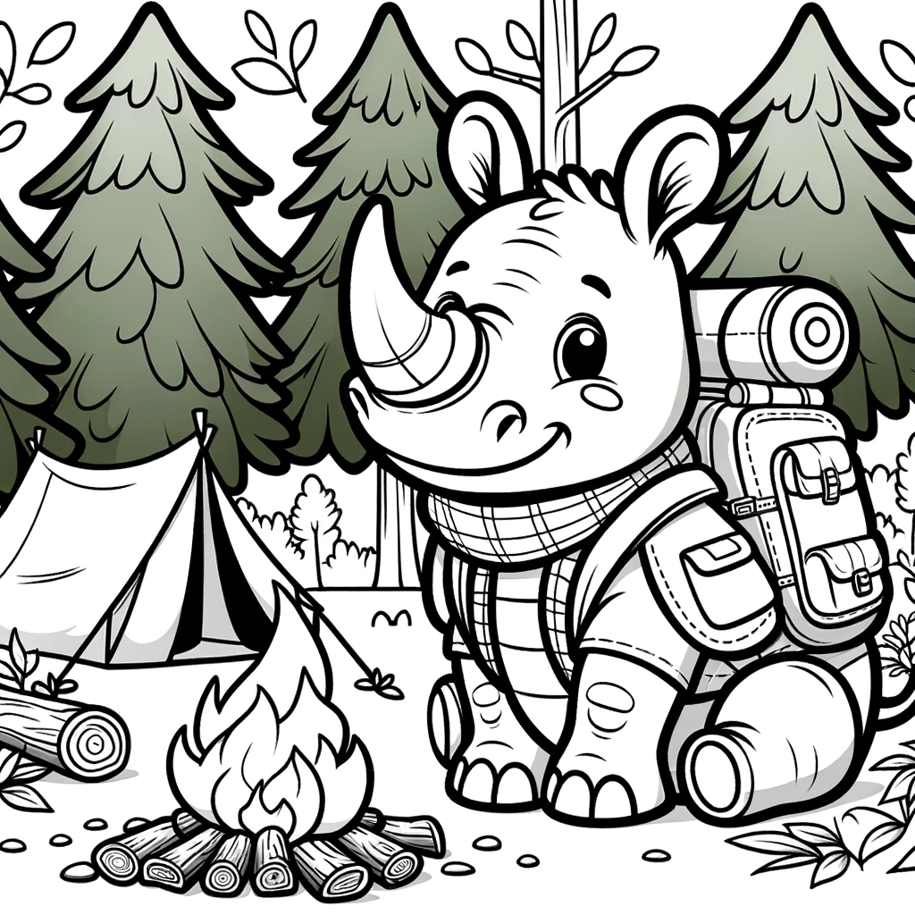 Camping rhino black and white color sheet for coloring page