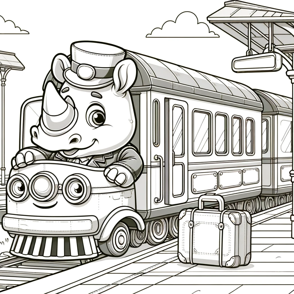 Rhino conductor driving train color sheet, engaging color page for creative kids