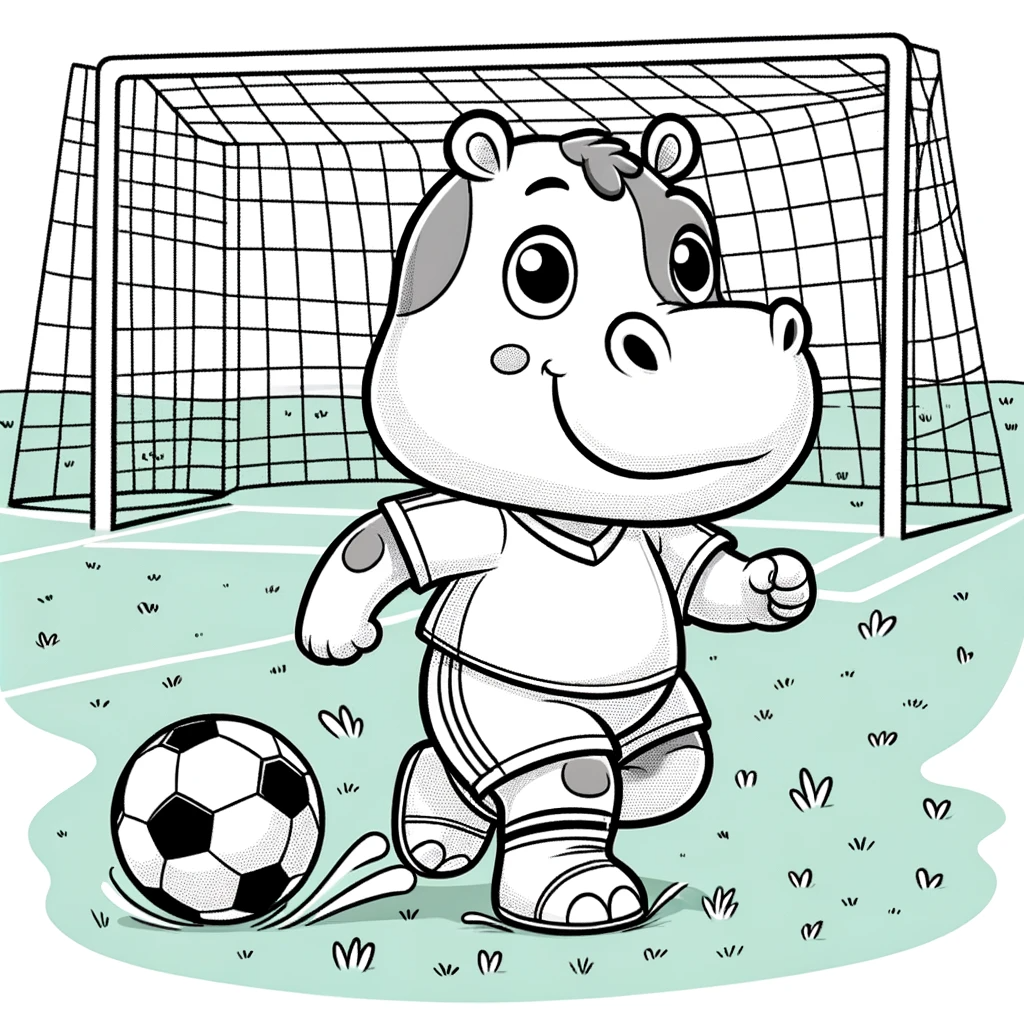 Cute hippo soccer player color sheet, color page for kids
