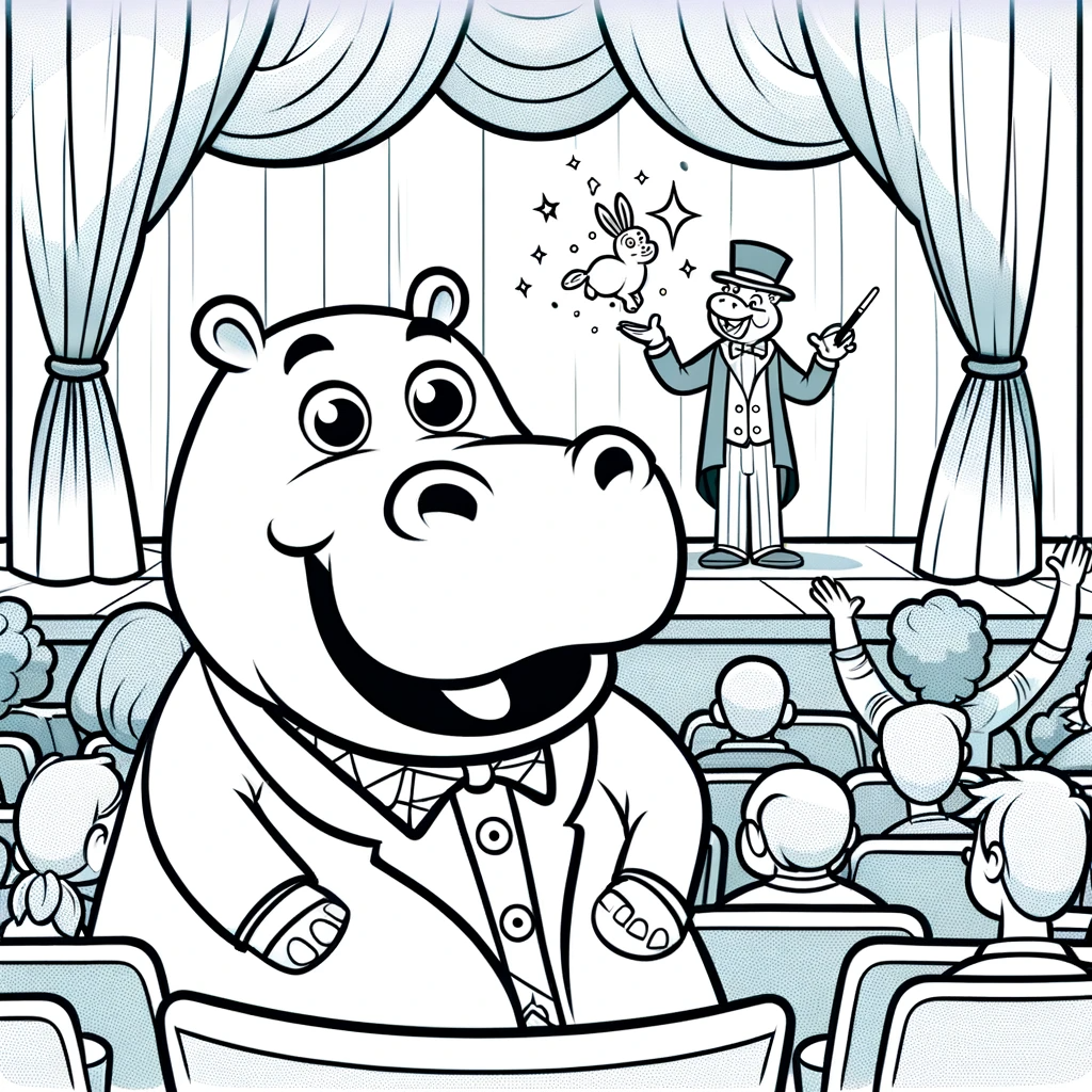 Printable hippo at magic show color sheet for kids