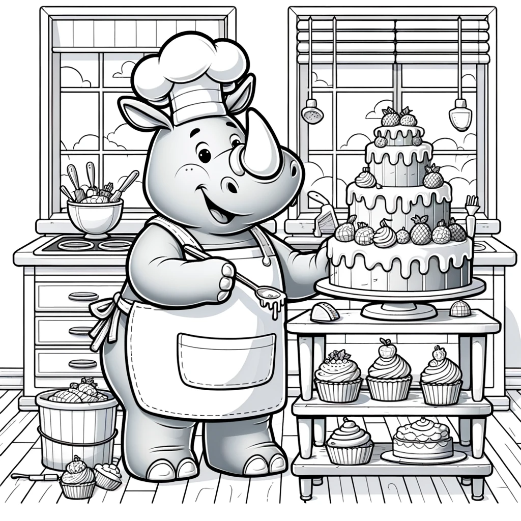 Illustration of a hippo chef decorating a cake, a perfect color sheet and color page activity for children
