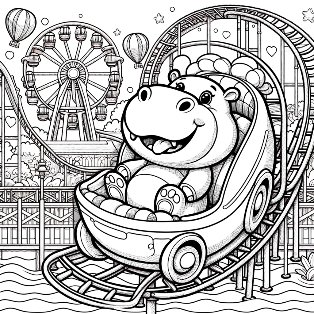 Happy hippo on roller coaster color sheet, exciting color page