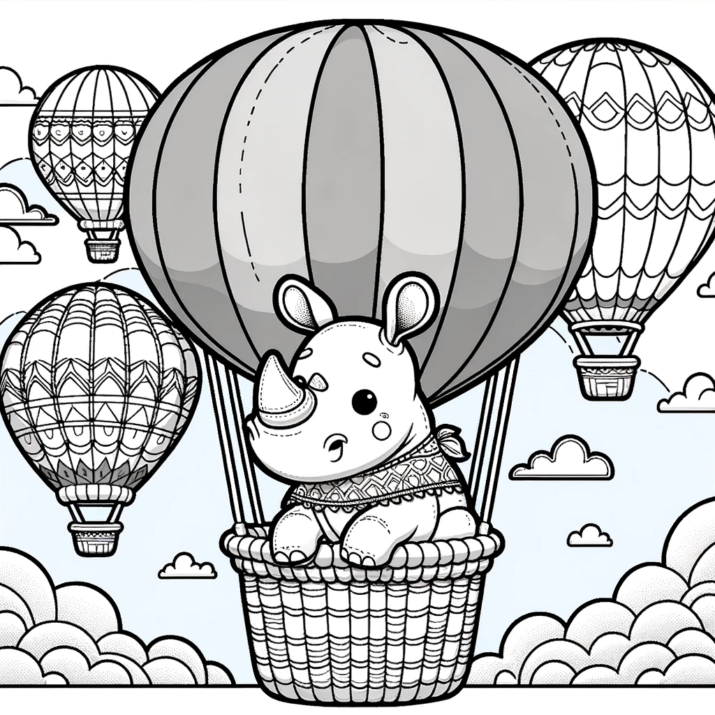 Child-friendly rhinoceros in hot air balloon color sheet