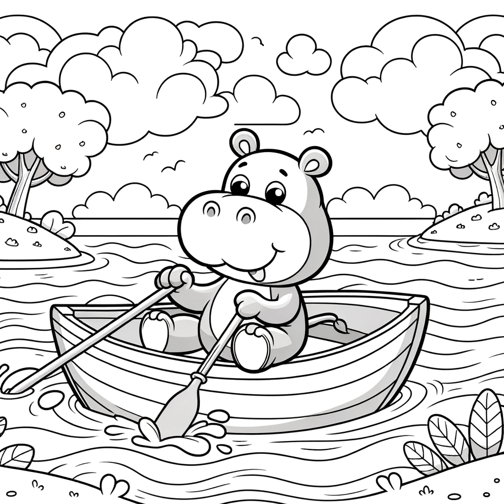 Printable hippo rowing boat color sheet for children