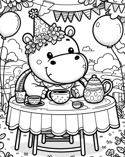 Hippo Birthday Party � Colorful Color Sheet for Kids