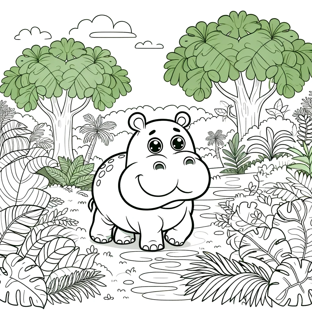 Colorful hippo color page, children�s color sheet featuring a happy hippo