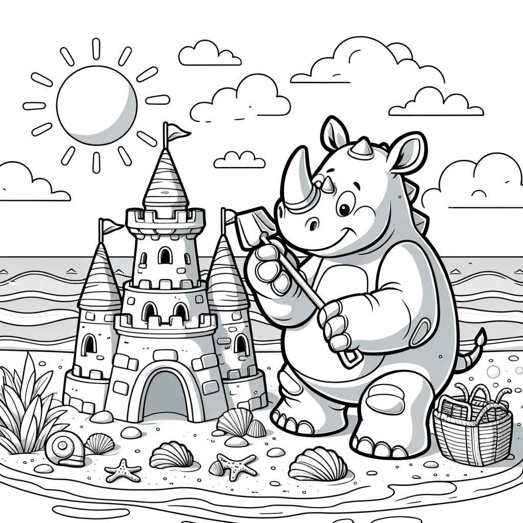 Rhino building a sandcastle beach scene color sheet, color page