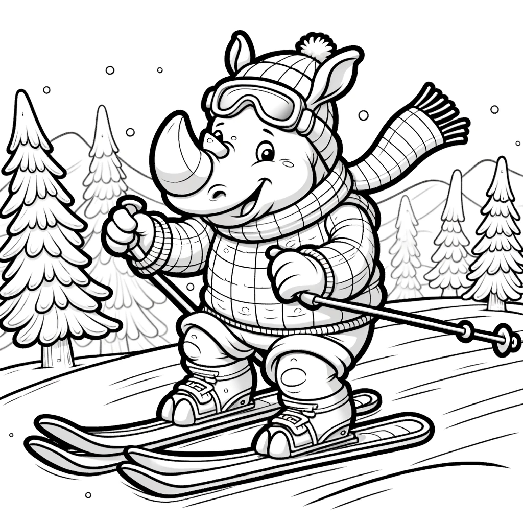 Rhino skiing color sheet - Free downloadable color page for kids