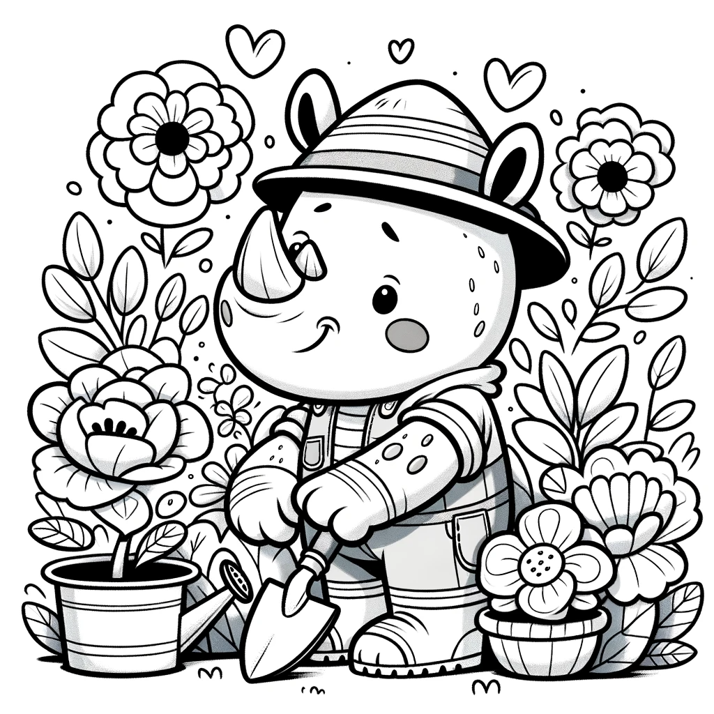 Colorful rhino gardening color sheet for kids - color page