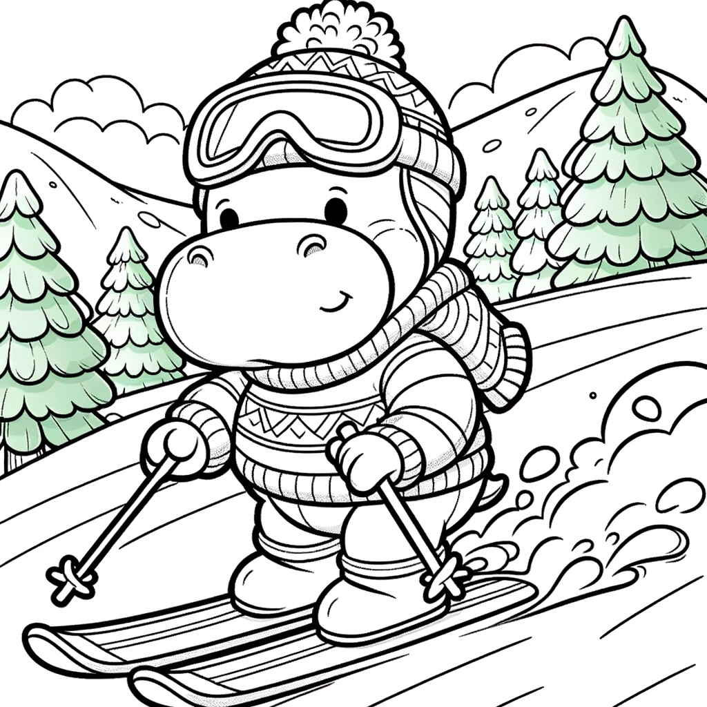 Cartoon hippo skiing winter scene - color sheet and color page for creative kids
