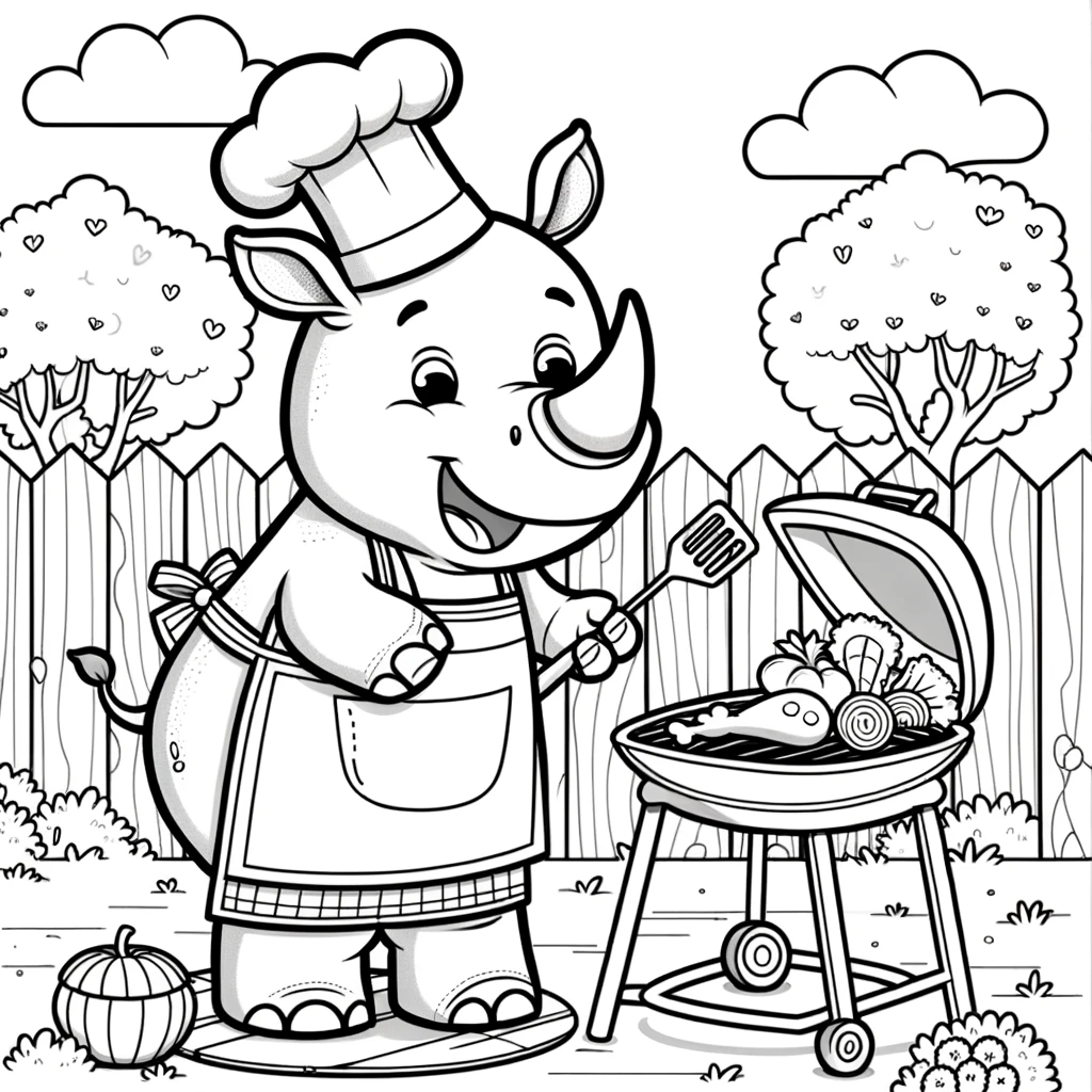 Rhino enjoying BBQ - Color sheet for kids, color page