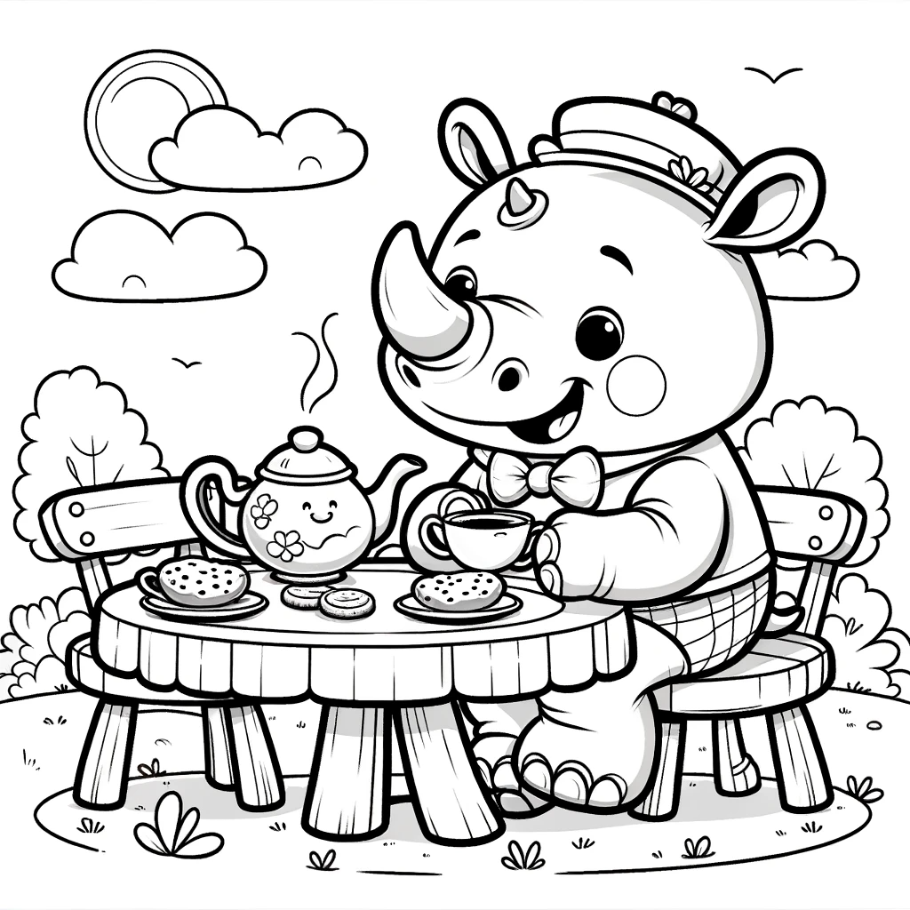 Rhino enjoying tea - color sheet and color page for creative fun
