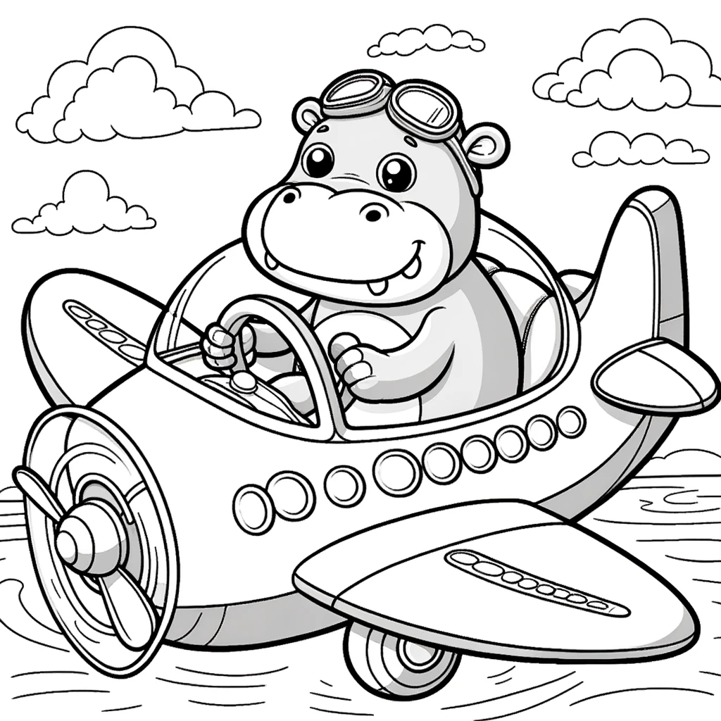 Color sheet of a cheerful hippo flying an airplane, perfect for children's color page activities