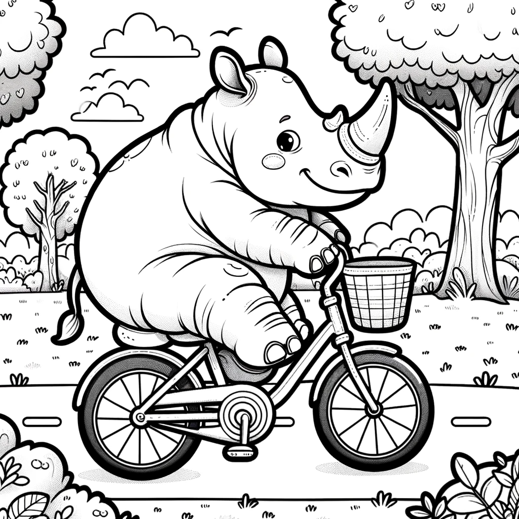 Child-friendly color sheet of a rhino joyfully riding a bicycle