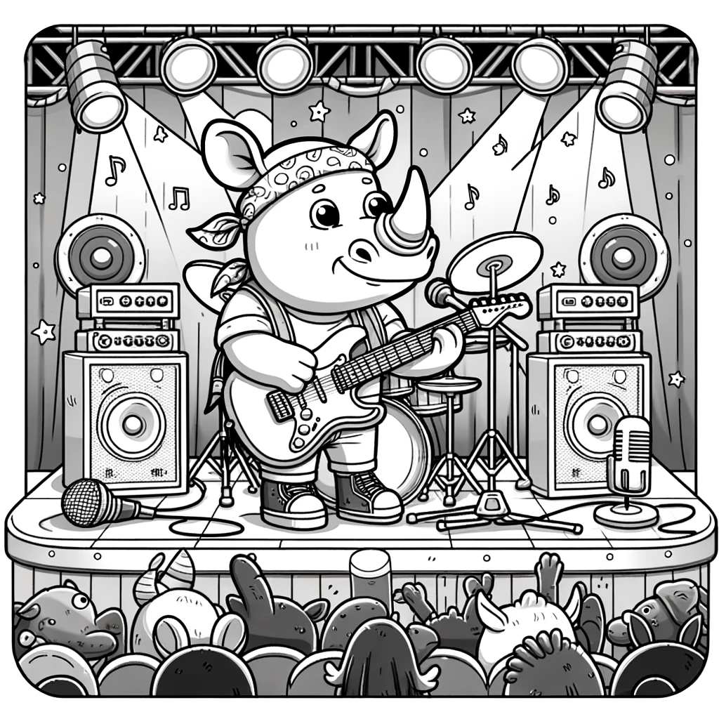 Adorable rhino guitarist color sheet for kids, perfect for coloring activities and education