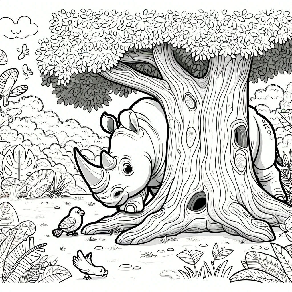 Rhino hiding behind tree - Color page for kids, Free color sheet