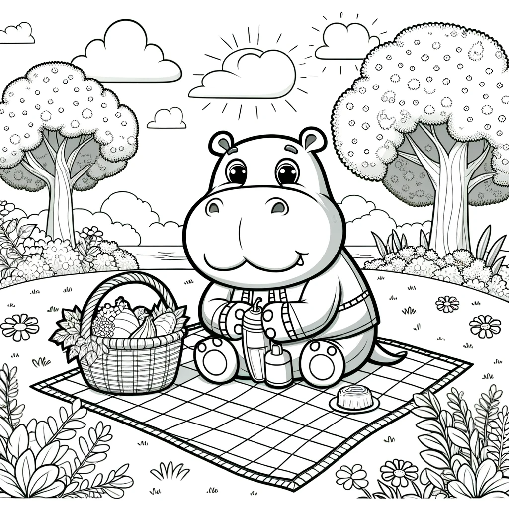 Cartoon hippo at picnic color sheet, printable color page for children