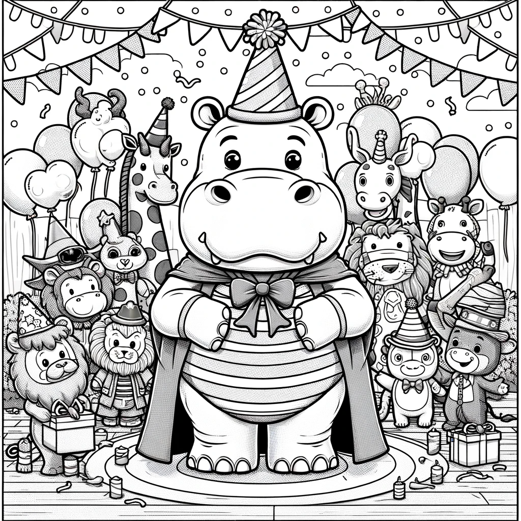 Children's color sheet of a hippo birthday party scene