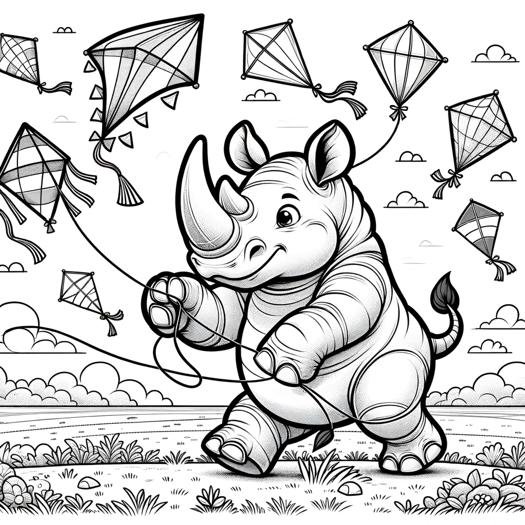 Rhino flying kites color sheet, engaging color page for children