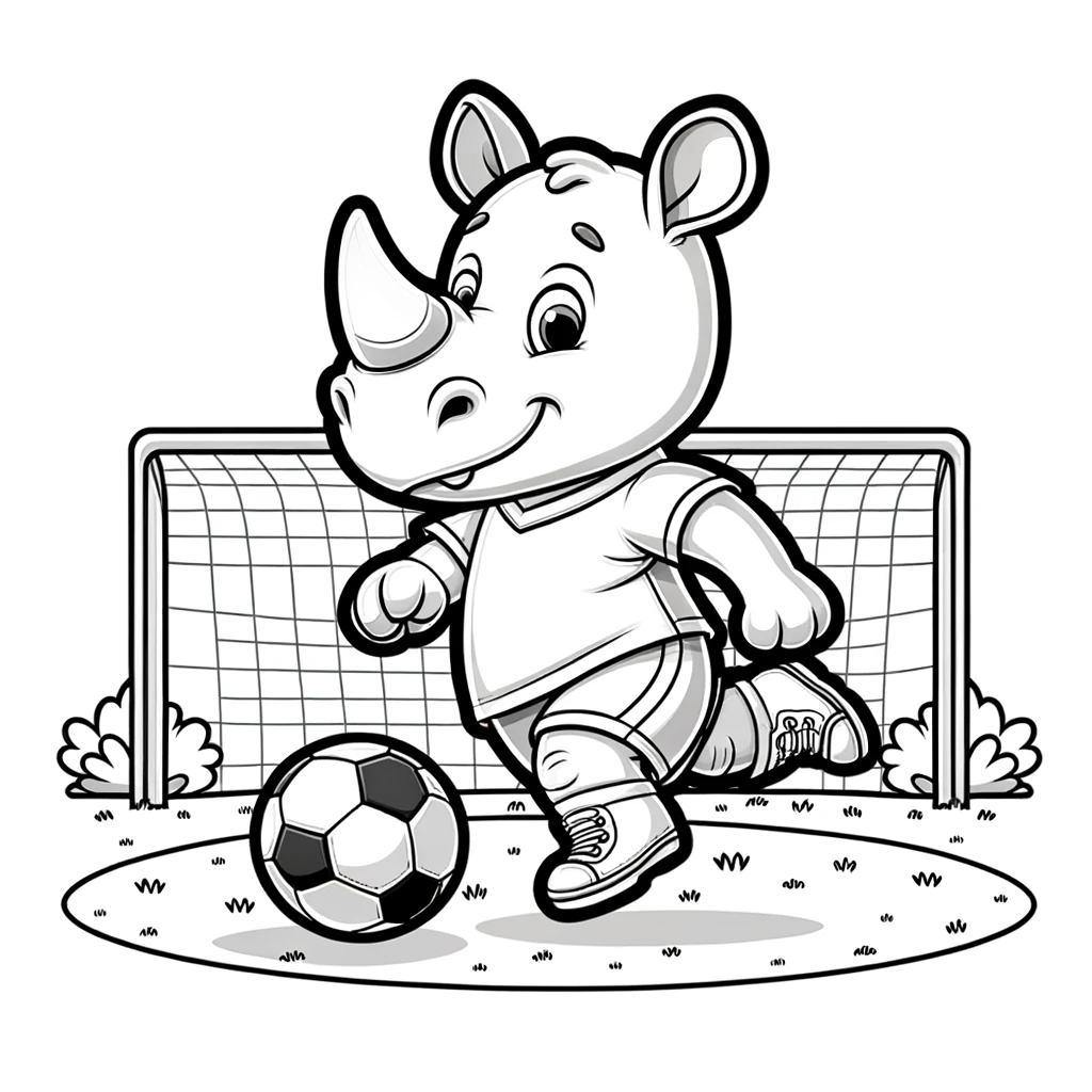 Animated rhino soccer player color page for kids