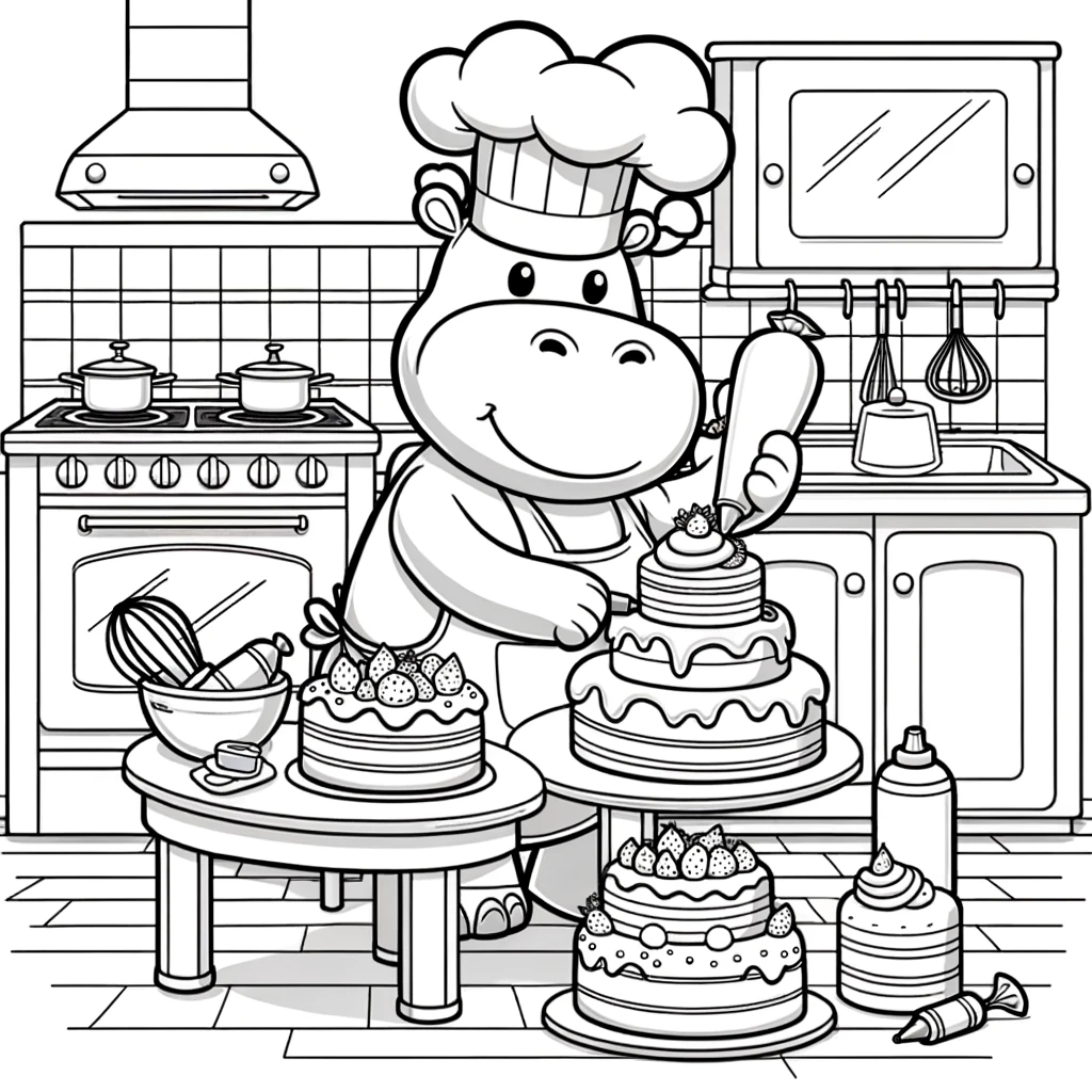Hippo chef decorating cake color sheet for kids