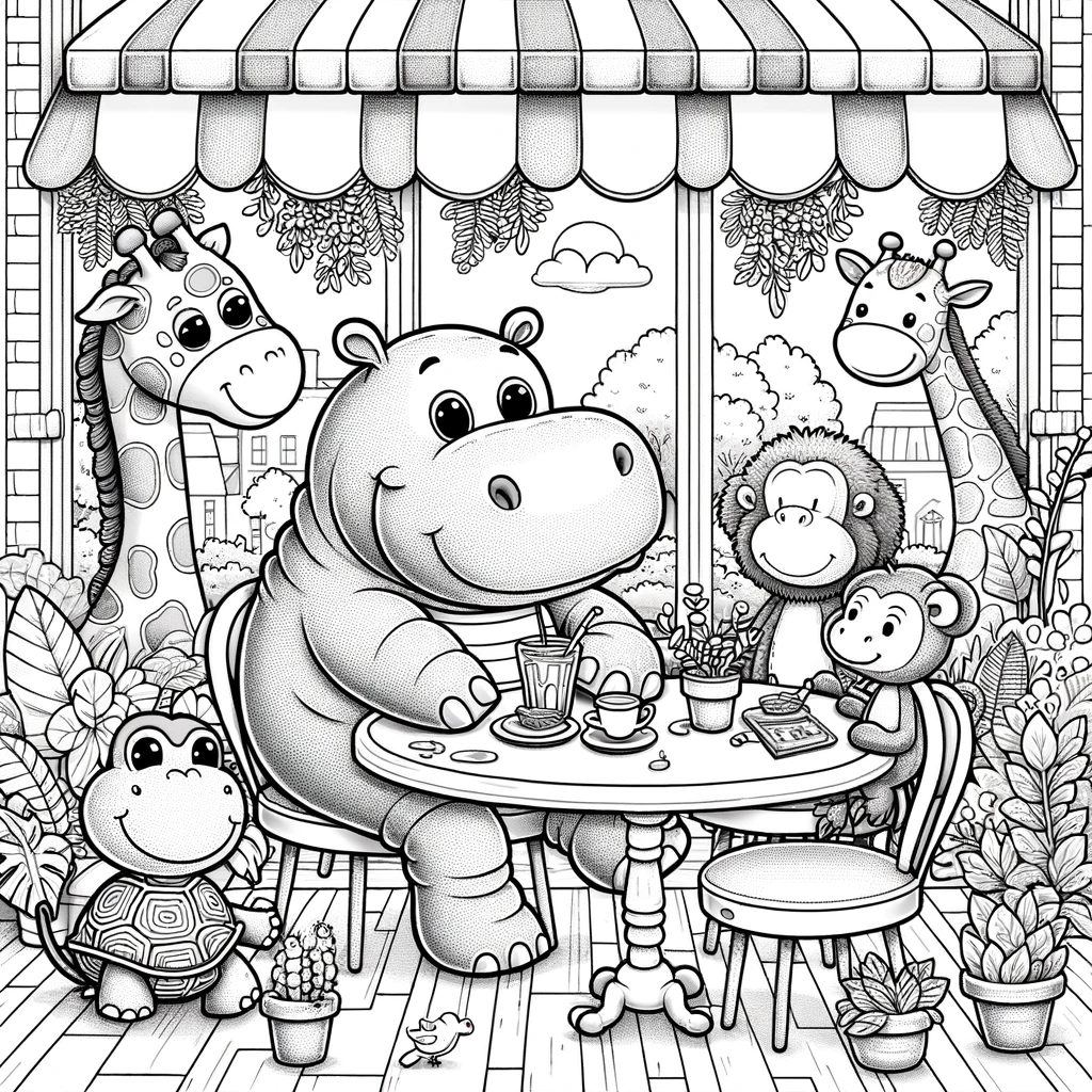 Illustration of a happy hippo with friends for kids' color sheet and color page
