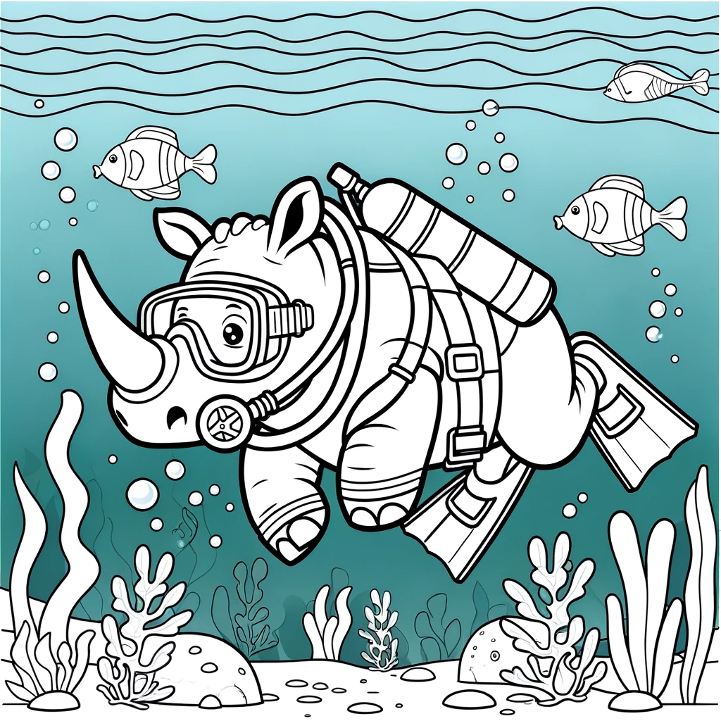 Scuba Diving Rhino - Printable Color Sheet for Kids