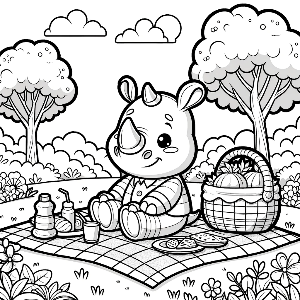 Cartoon rhino picnic scene black and white color sheet, color page for children's activity