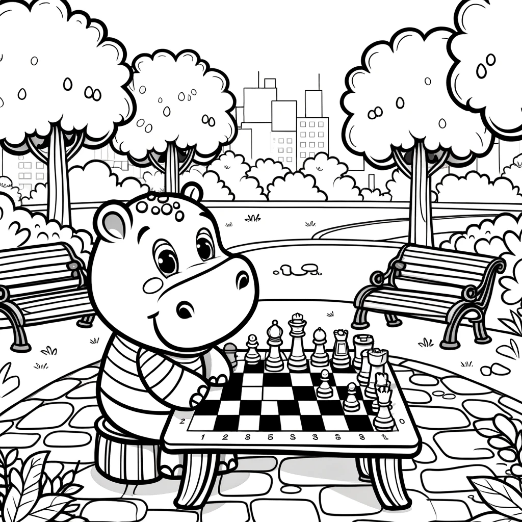 Engaging color sheet of a hippo playing chess, perfect for a children's color page activity