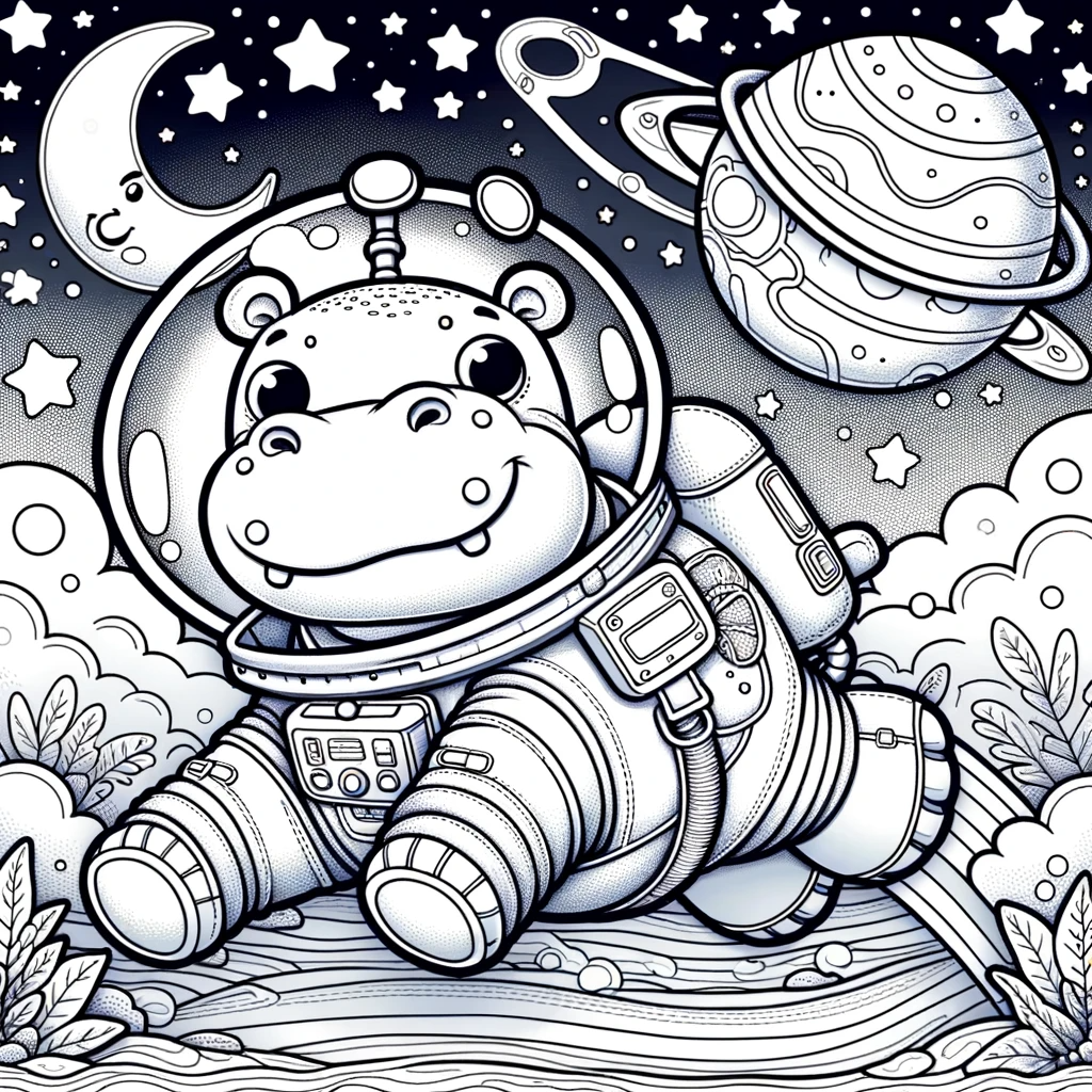 Astronaut hippo color sheet for kids