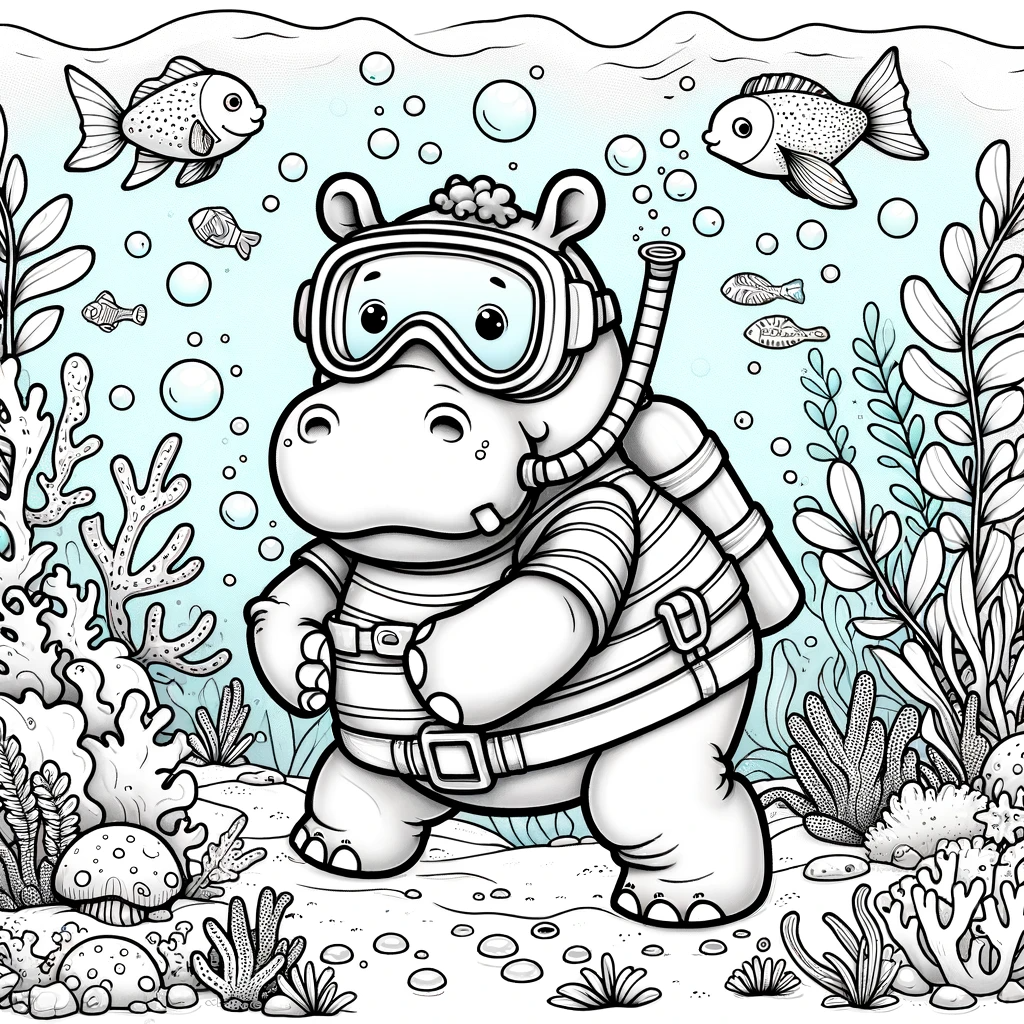 Scuba diving hippo color sheet, underwater color page