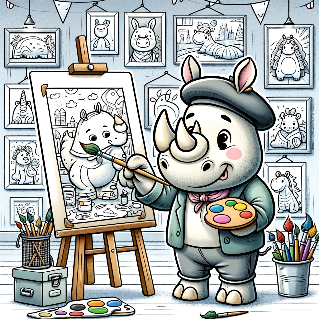 Illustration of rhino with a palette and brush - color sheet for kids