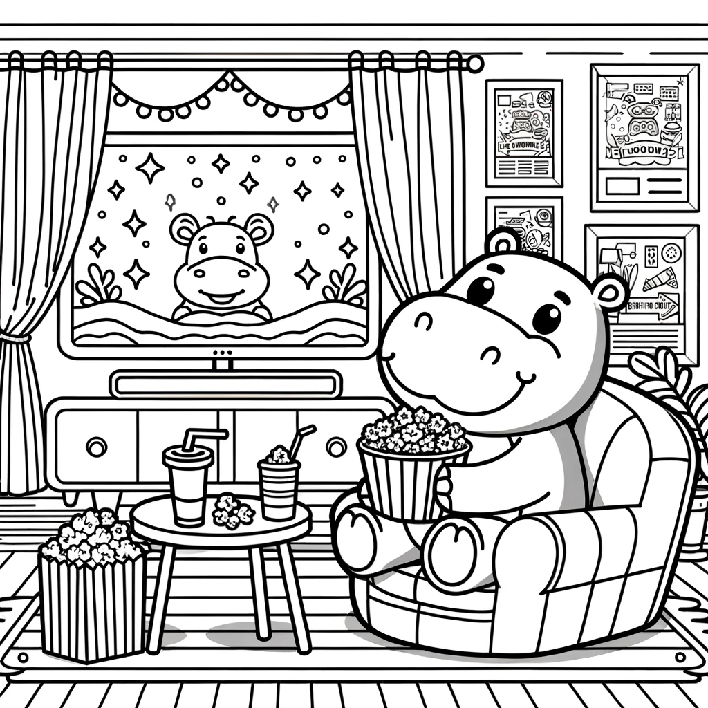 Printable hippo color sheet for children, a happy hippo watching TV