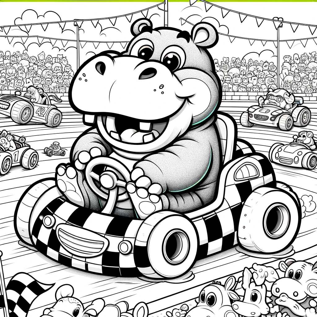 Color sheet of a smiling hippo driving a kart, perfect for kids' color page activities
