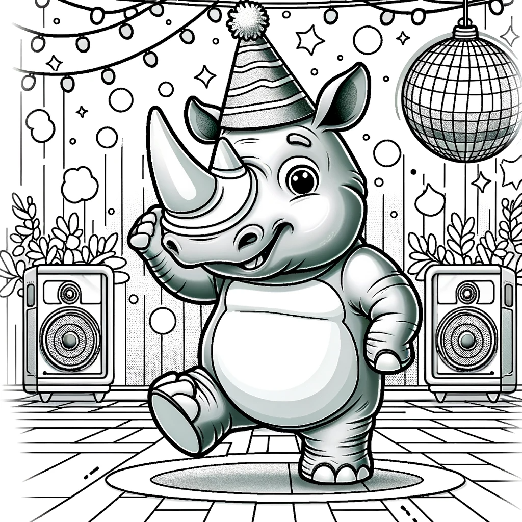 Joyful rhino dancing at a party - color sheet, color page for educational fun
