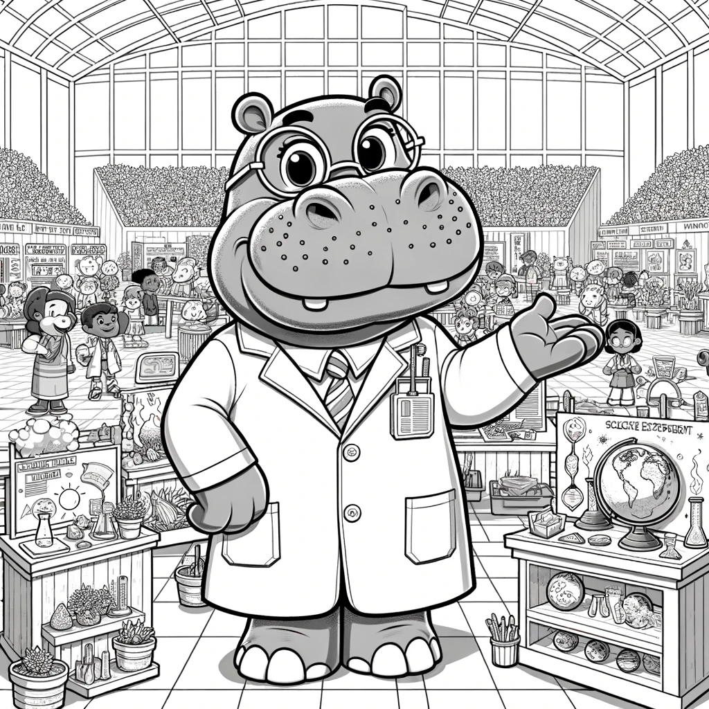 Friendly hippo scientist in lab - educational color sheet for kids