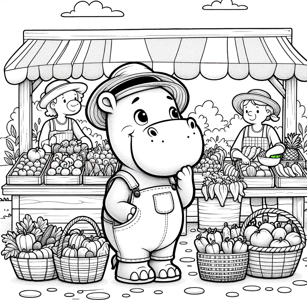 Colorful market scene color sheet with hippo