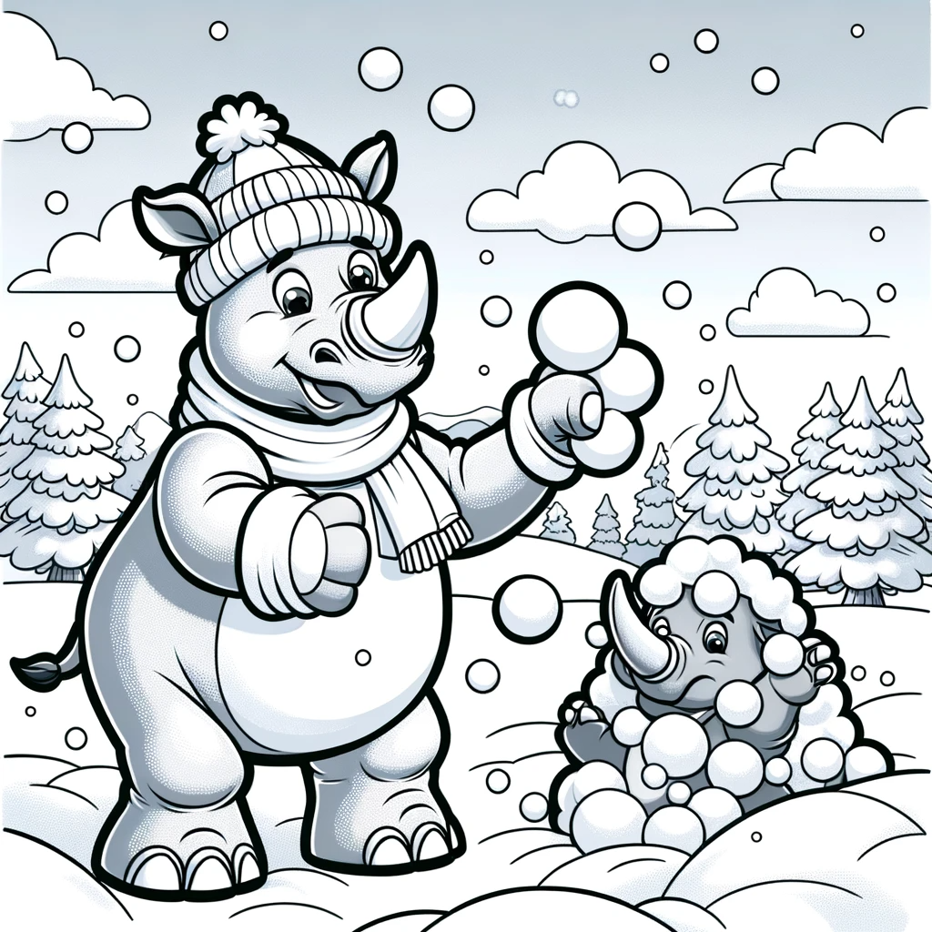 Rhino playing with snowballs - color sheet for creative children