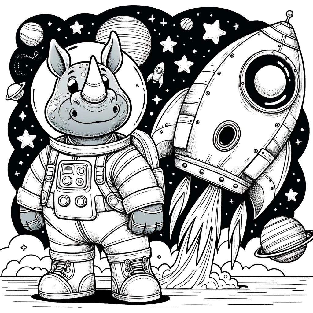 Rhino astronaut color sheet for kids, ready for a cosmic coloring journey