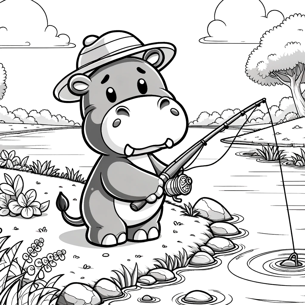 Cartoon hippo fishing color sheet, ideal color page activity for children