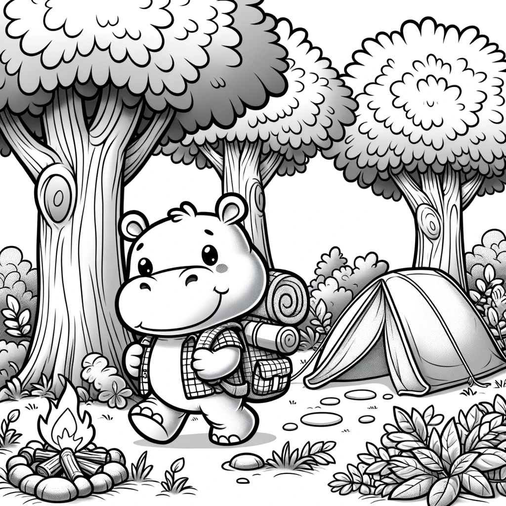 Printable hippo camping scene color sheet and color page for kids