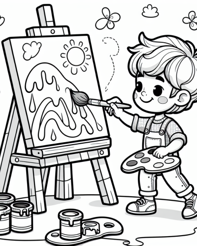 Boy painting on an easel color sheet, color page for kids